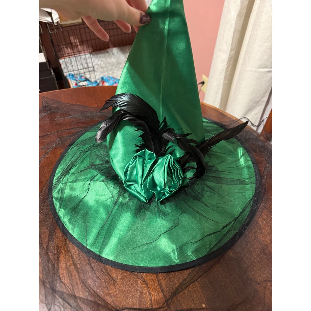 Emerald Green Satin Witch Hat Black Feathers Rosettes Tulle Veil Halloween
